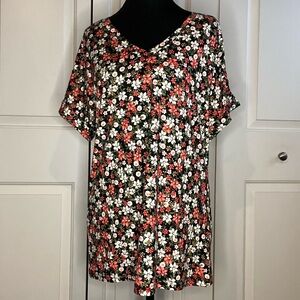 Angerella Women’s Floral Tunic Shirt, Cuffed Sleeves, V-Neck, Flowy, Medium